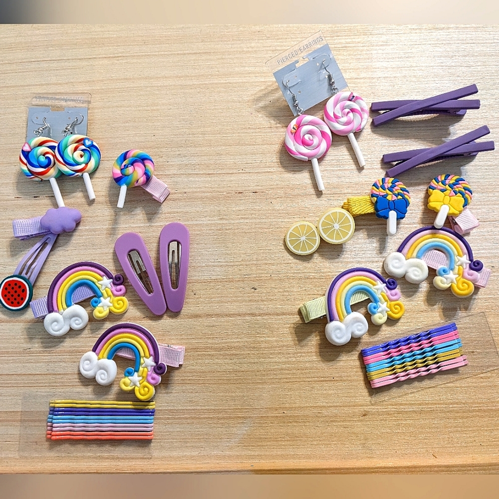 18 pc rainbow lollipop hair clips accessories & earrings pride lemons watermelon
